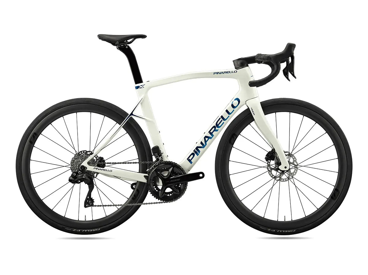 Pinarello X5 105 Di2 road bike in white with blue branding, offering Shimano Di2 electronic shifting and a high-performance carbon frame.