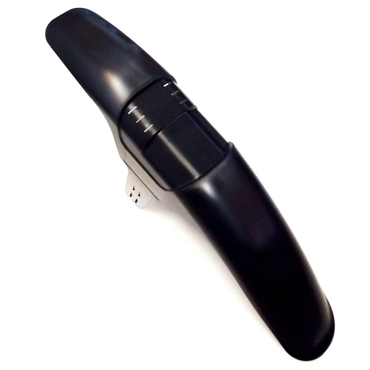 Mudhugger EVO Long front mudguard in black, showing the fork mounting tabs and zip tie slots
