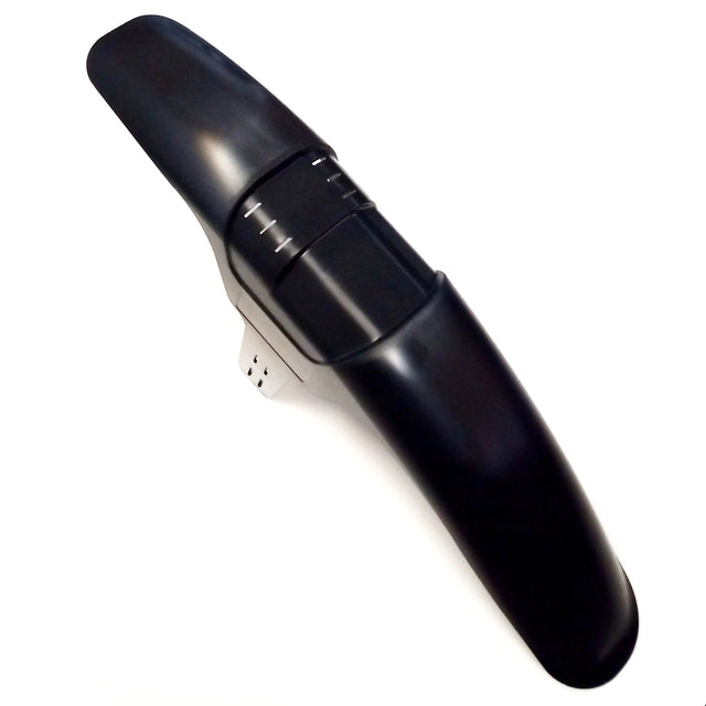 Mudhugger EVO Long front mudguard in black, showing the fork mounting tabs and zip tie slots