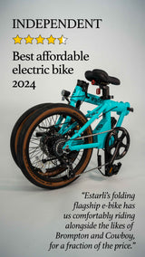 Folded turquoise estarli E20.7 Comfort Hybrid E-Bike with award badge, named best affordable electric bike of 2024 by Independent.
