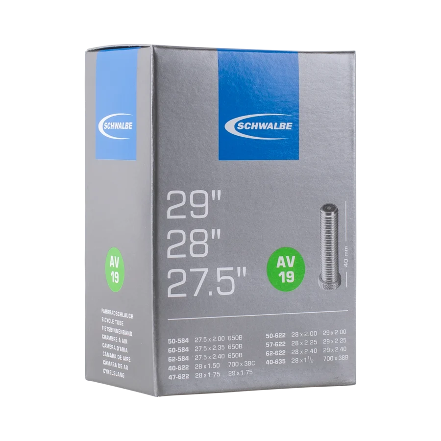 Schwalbe AV19 inner tube, 27.5 and 29 inch, Schrader valve, in packaging