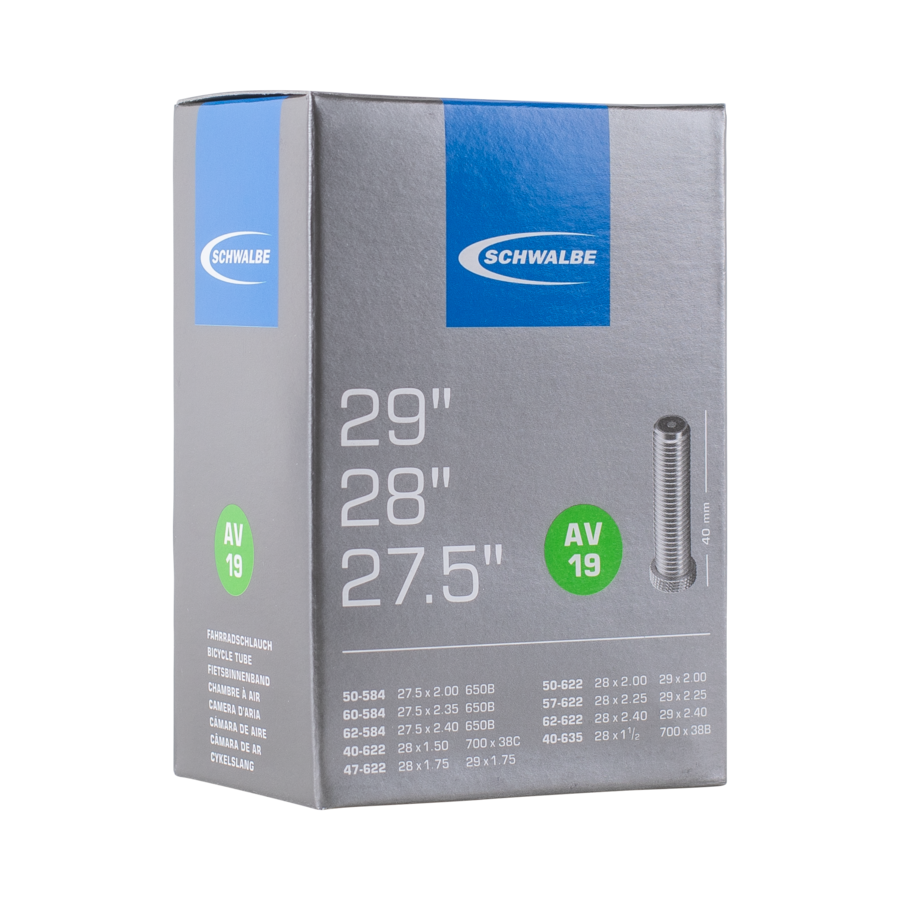 Schwalbe AV19 inner tube, 27.5 and 29 inch, Schrader valve, in packaging