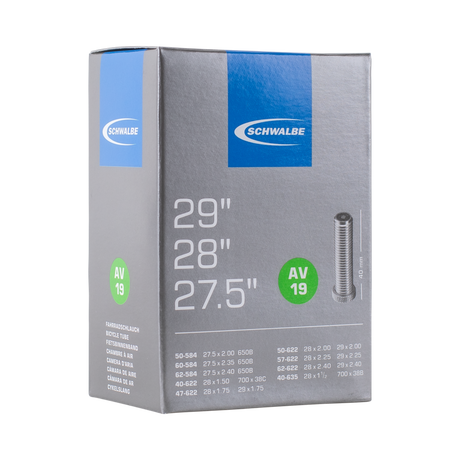 Schwalbe AV19 inner tube, 27.5 and 29 inch, Schrader valve, in packaging
