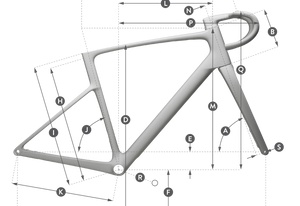 Scott Addict 20 frame geometry diagram with lettered markers for tube lengths, stack and reach.