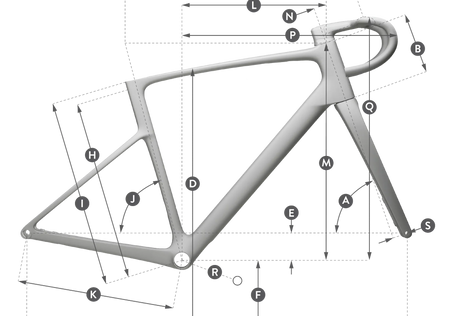 Scott Addict 20 frame geometry diagram with lettered markers for tube lengths, stack and reach.