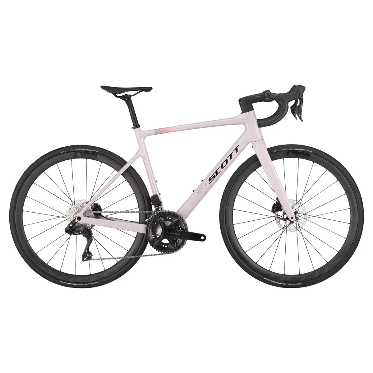 Scott Addict 30 Road Bike in pink, equipped with a carbon frame, Shimano drivetrain, and disc brakes for enhanced cycling efficiency.