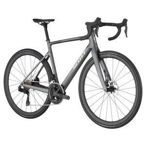 Side angle view of the Scott Addict 30 Road Bike in gray, showcasing its aerodynamic design, carbon frame, and durable components.