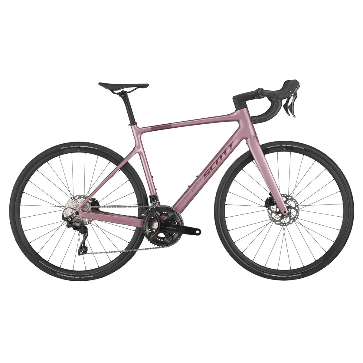 Side view of the Scott Addict 50 Road Bike in pink, featuring an aerodynamic design, Shimano drivetrain, and durable tires.