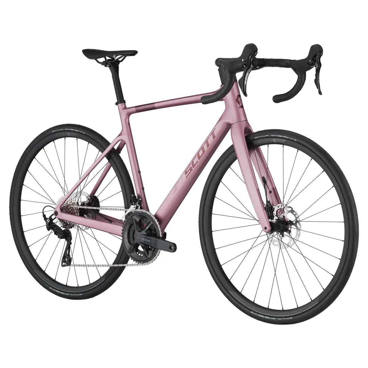 Scott Addict 50 Road Bike in pink with a lightweight carbon frame, drop handlebars, and disc brakes for endurance cycling.