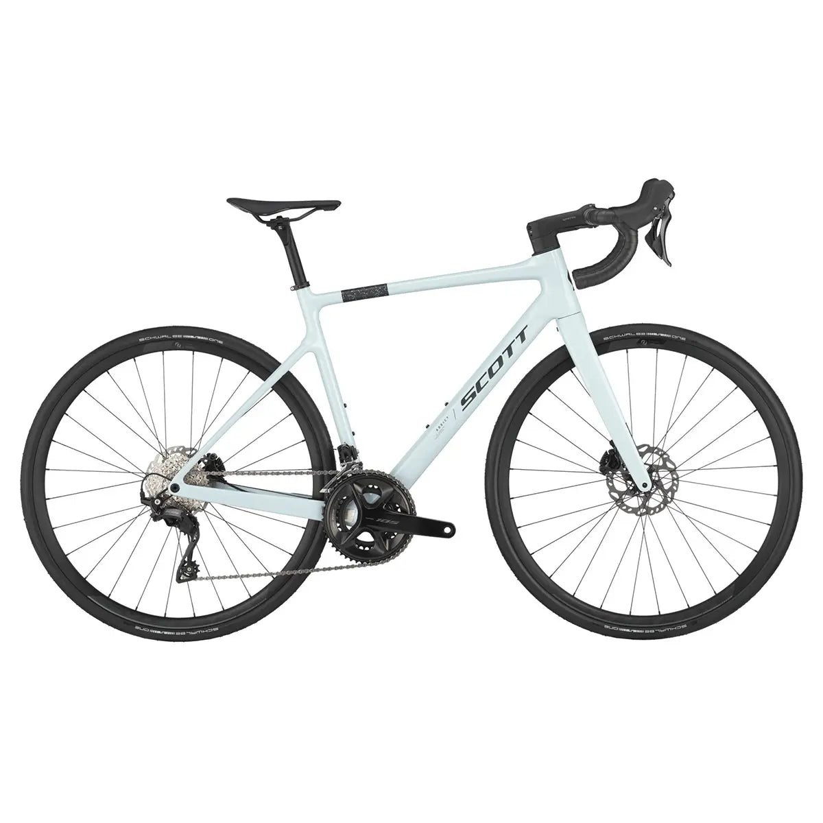 Side profile of the Scott Addict 50 Road Bike in light gray, showcasing its sleek geometry and high-performance components.