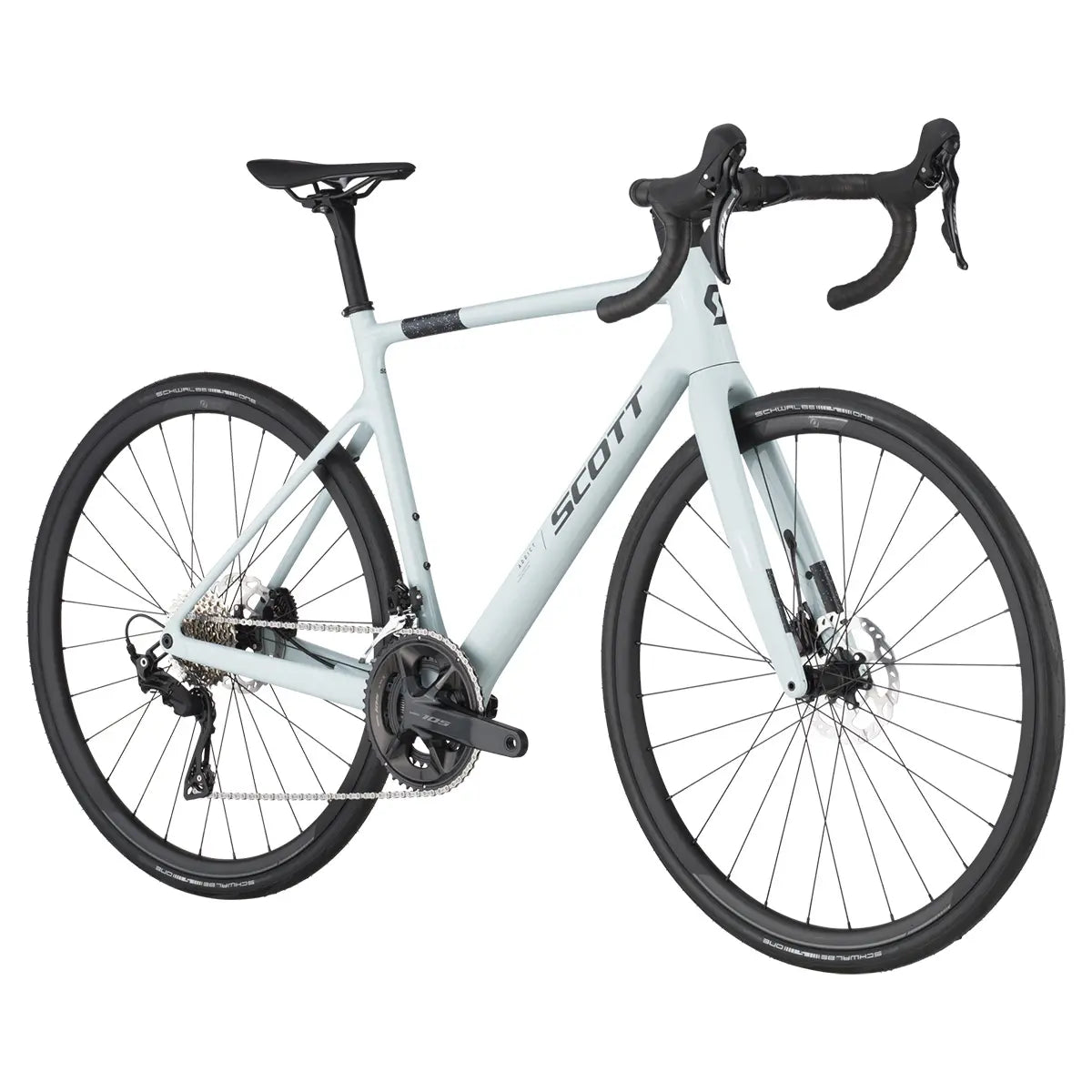 Scott Addict 50 Road Bike in light gray with carbon frame, ergonomic handlebars, and disc brakes for long-distance rides.