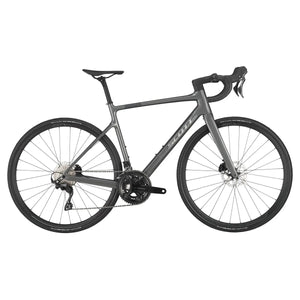 Side view of the Scott Addict 50 Road Bike in dark gray, featuring aerodynamic design, Shimano drivetrain, and performance tires.