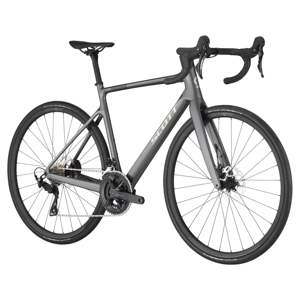 Scott Addict 50 Road Bike in dark gray with lightweight frame, drop handlebars, and disc brakes for endurance cycling.