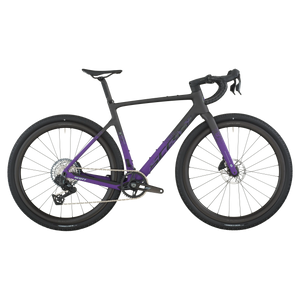 Close-up of a bicycle with a purple frame and black components on a white background