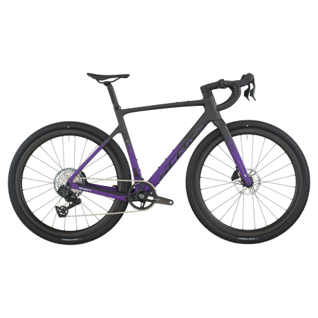Close-up of a bicycle with a purple frame and black components on a white background