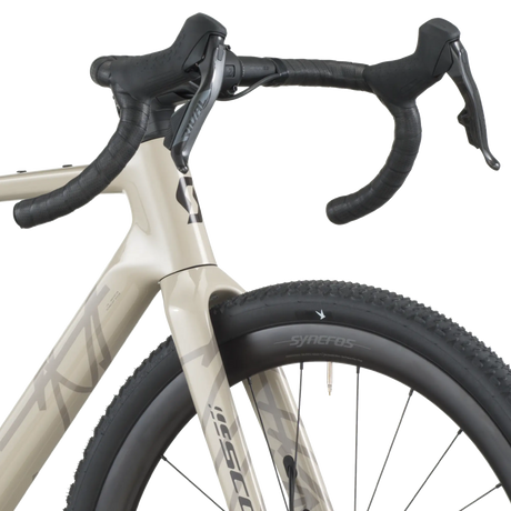 Close-up of a bicycle with Syncros branding on a white background