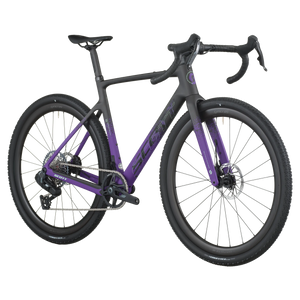 Close-up of a bicycle with a black frame and purple accents on a white background