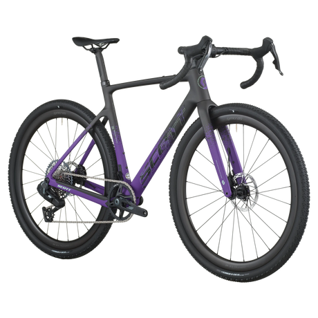 Close-up of a bicycle with a black frame and purple accents on a white background