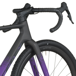 Close-up of a bicycle with Syncros branding on a white background
