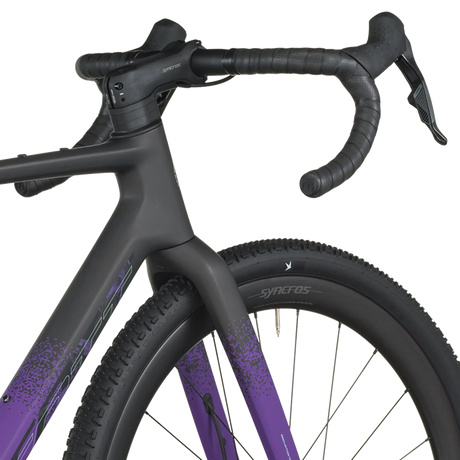 Close-up of a bicycle with Syncros branding on a white background