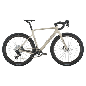 Close-up of a bicycle with beige frame and black tires on a white background