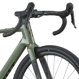 Close-up of a bicycle handlebar and front section on a white background