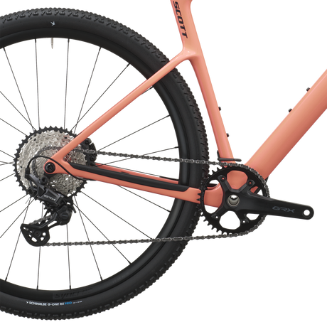 Scott Addict Gravel 40 2027 in peach pink, cassette and rear derailleur