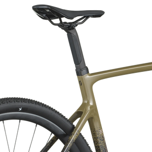 Close-up of a bicycle frame with a seat and seatpost on a white background