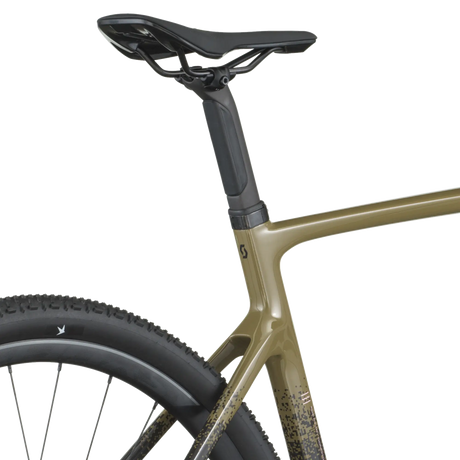 Close-up of a bicycle frame with a seat and seatpost on a white background
