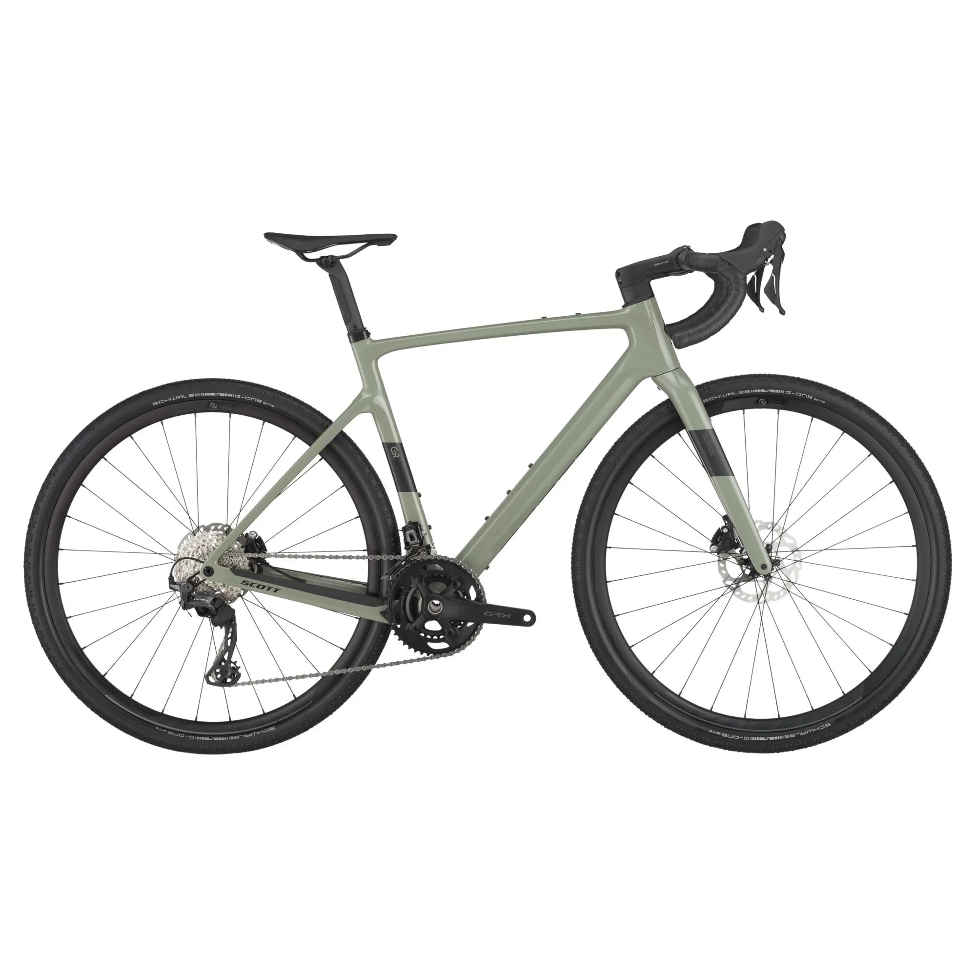 Scott Addict Gravel 50 gravel bike in matte green with drop handlebars and disc brakes, ideal for rugged trail and off-road cycling.