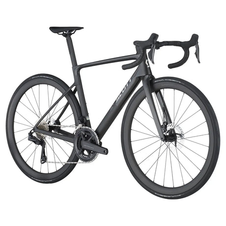 Side-angle view of the Scott Addict RC 20 Road Bike in black, showcasing its integrated cockpit, deep-section wheels, and disc brakes.