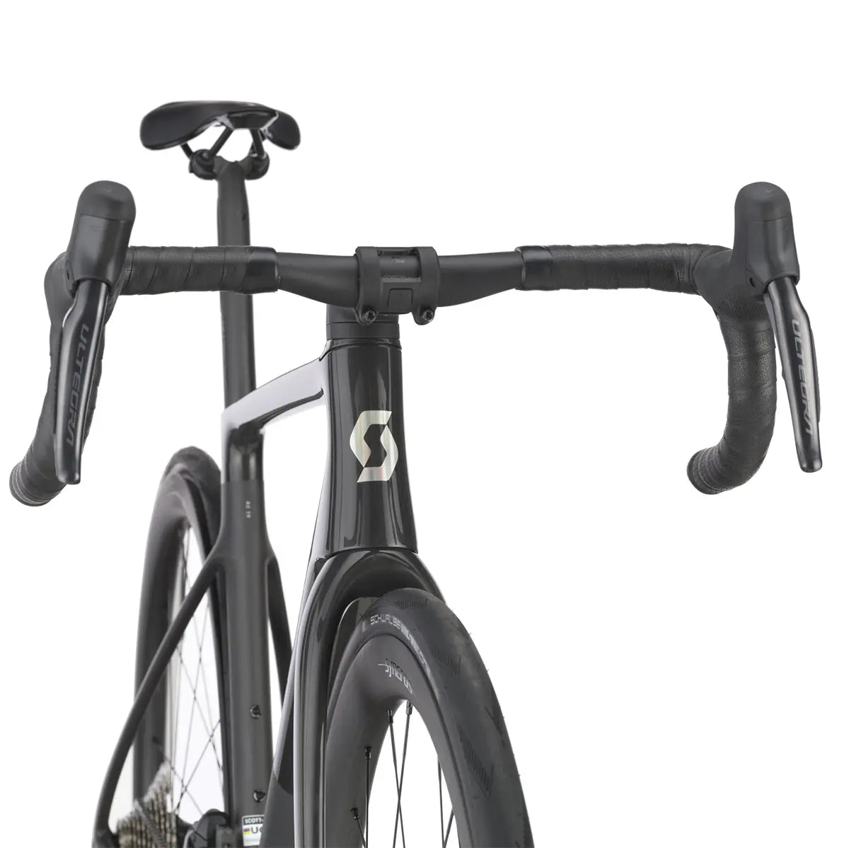 Front view of the Scott Addict RC 20 Road Bike, highlighting the aero handlebars, internal cable routing, and sleek carbon fork.