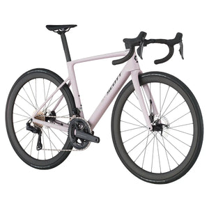 Side-angle view of the Scott Addict RC 20 Road Bike in pink, showcasing its integrated cockpit, deep-section wheels, and disc brakes.