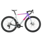 Scott Addict Gravel 20 Carbon Gravel Bike in gray with purple and pink accents, featuring disc brakes and carbon frame for off-road cycling.