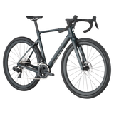 Angled view of Scott Addict Gravel 20 Carbon Gravel Bike in dark green, showcasing aerodynamic frame and disc brakes for gravel riding.