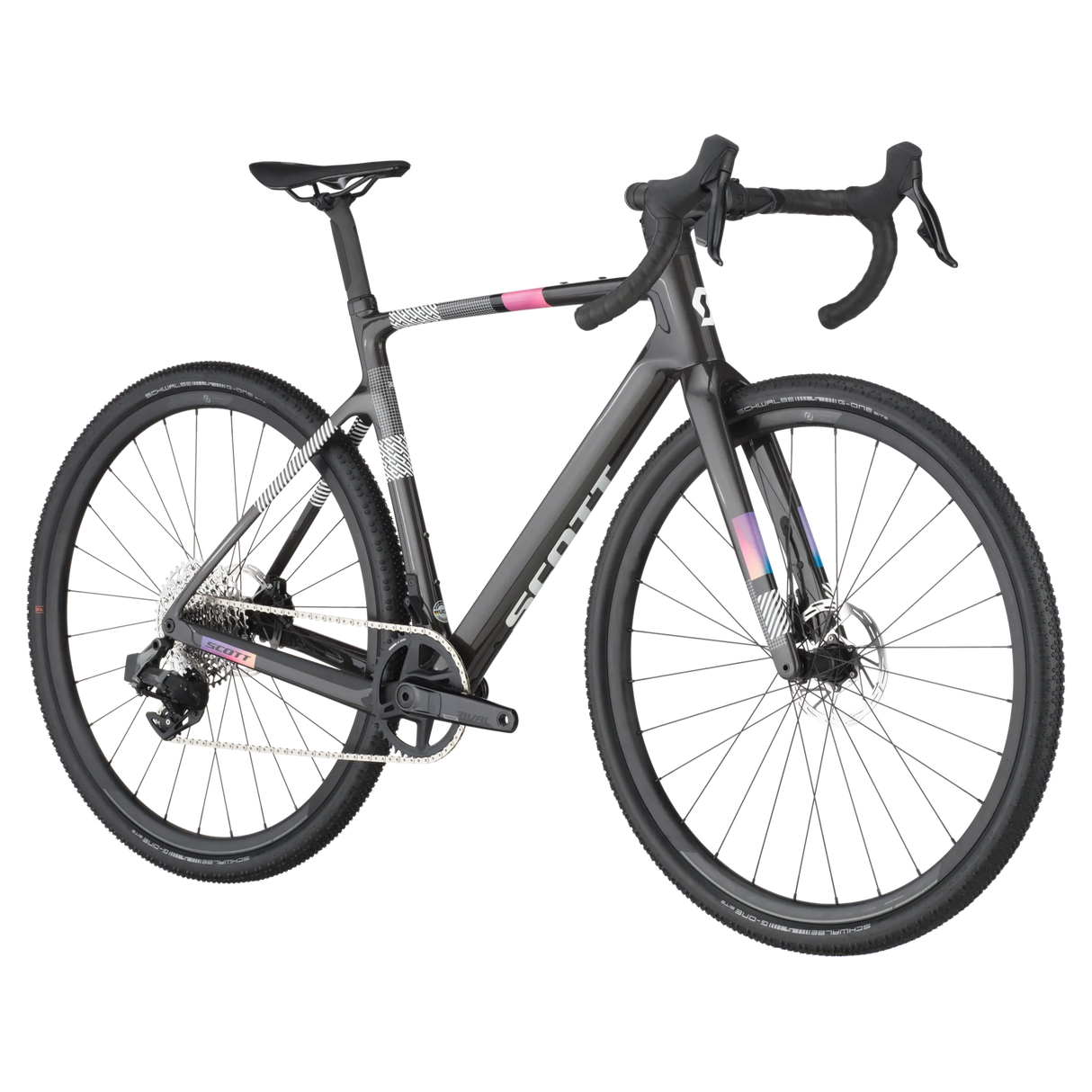 Angled view of Scott Addict Gravel 30 in black with aerodynamic frame and disc brakes, built for endurance and gravel racing performance.