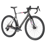 Angled view of Scott Addict Gravel 30 in black with aerodynamic frame and disc brakes, built for endurance and gravel racing performance.