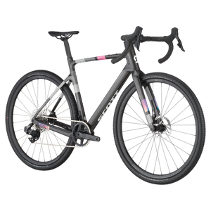 Angled view of Scott Addict Gravel 30 in black with aerodynamic frame and disc brakes, built for endurance and gravel racing performance.