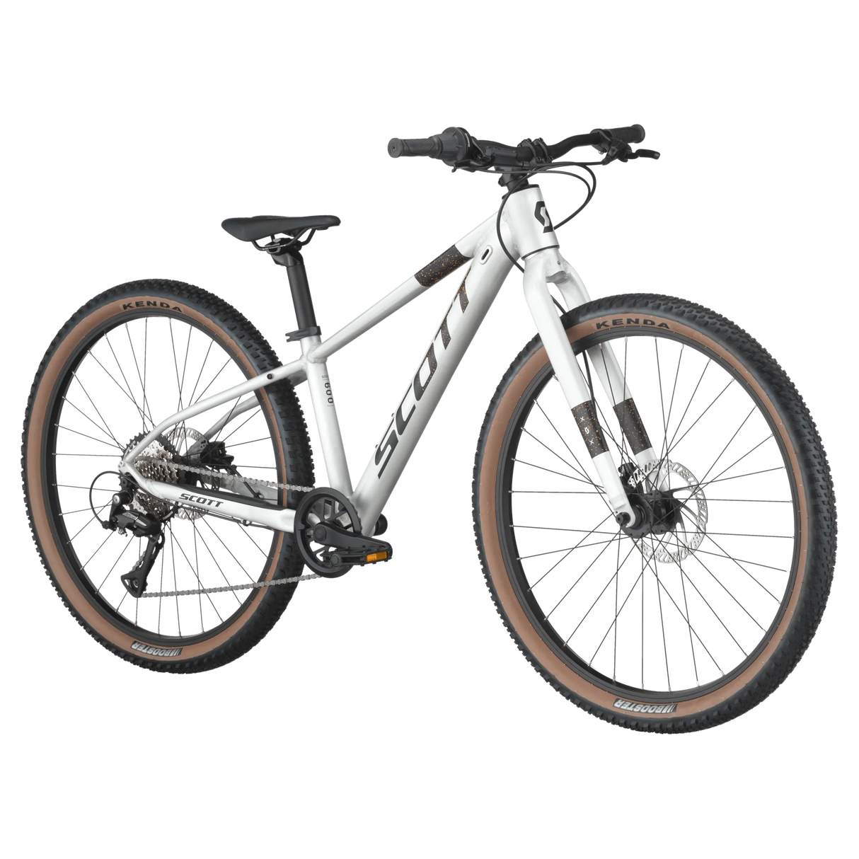 Angled view of Scott Scale 600 26" Kids Bike in silver, featuring disc brakes and a lightweight frame for off-road cycling adventures.