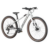 Angled view of Scott Scale 600 26" Kids Bike in silver, featuring disc brakes and a lightweight frame for off-road cycling adventures.
