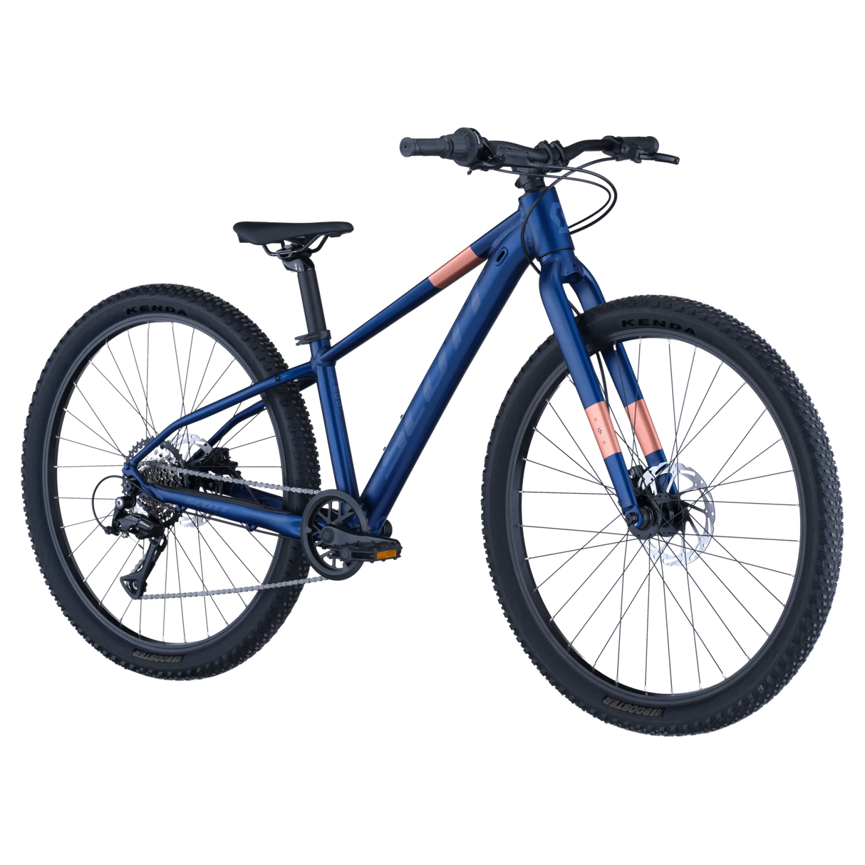 Front-side view of Scott Scale 600 26" Kids Bike in blue and pink, showcasing its rugged tires and ergonomic design for young cyclists.
