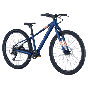 Front-side view of Scott Scale 600 26" Kids Bike in blue and pink, showcasing its rugged tires and ergonomic design for young cyclists.