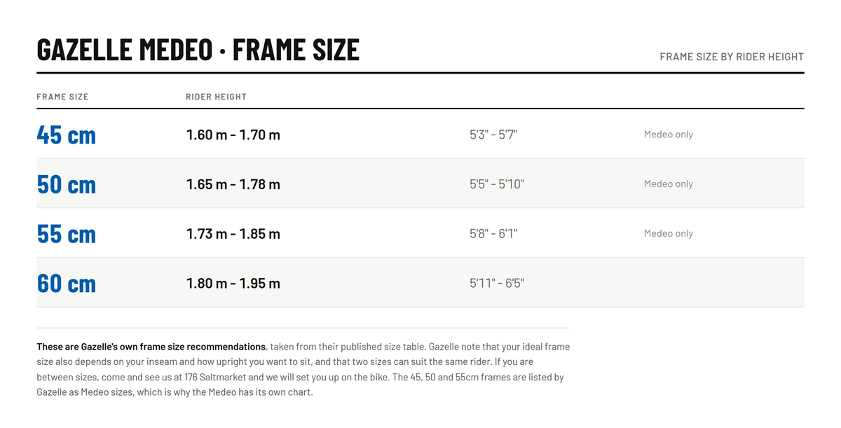 Gazelle Medeo size chart