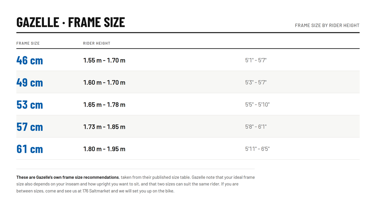 Gazelle size chart