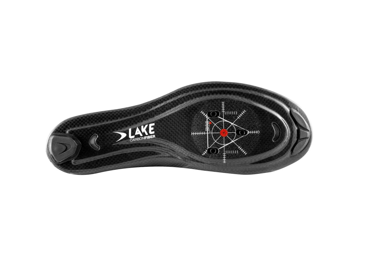 Carbon fiber sole of Lake CX219 Road Shoe with cleat positioning guide, designed for optimal power transfer and pedal efficiency.