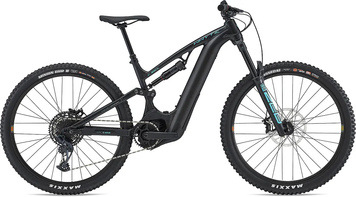 The Whyte E-160 S 29er V1 Full Suspension Mountain Bike features thick Maxxis tires and disc brakes. Its sleek black frame discreetly houses a high-capacity battery, while the visible rear suspension offers both performance and style in this exceptional ride.