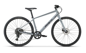 Whyte RHeO 0 hybrid bike in dark silver, drive-side profile on a white background.
