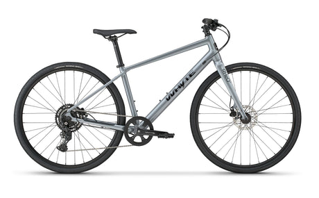 Whyte RHeO 0 hybrid bike in dark silver, drive-side profile on a white background.