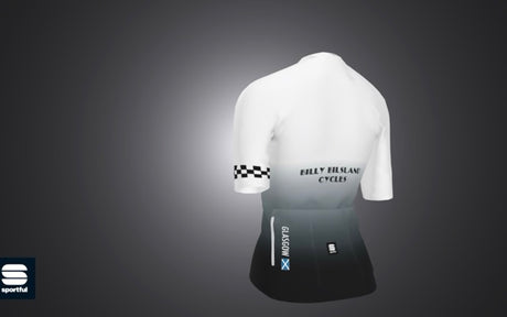 Back view of the 45th Anniversary Short Sleeve Womens Jersey showing 'Billy Bilsland Cycles' and 'Glasgow' text, designed for commemorative cycling wear.