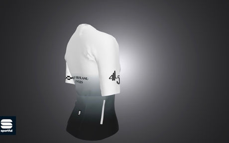 Side-back angle of the 45th Anniversary Short Sleeve Womens Jersey highlighting the '45' anniversary detail and checkered sleeve, perfect for stylish cyclists.